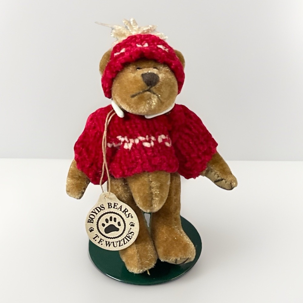 Boyds Bears T.F. Wuzzies Miniature Jointed Holiday Fuzzy Bear Tag Stand